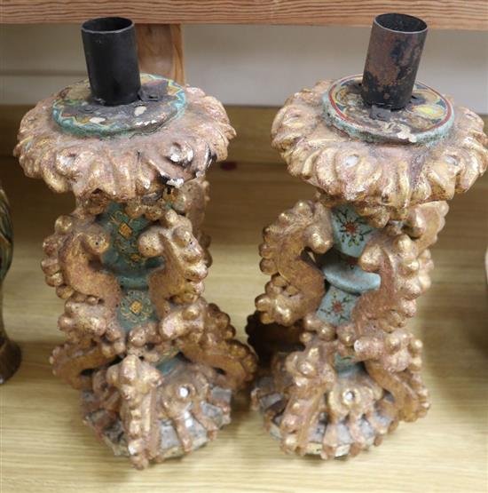 A pair of late 19th / 20th century Italian giltwood, painted and mirrored table lamps, c.1900